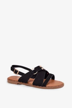 Sandały Damskie Na Płaskim Obcasie Ze Złotymi Ćwiekami Czarne Zanira