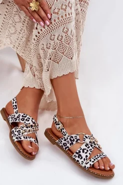 Sandały Damskie Na Płaskim Obcasie Ze Złotymi Ćwiekami Biało-Czarne Zanira