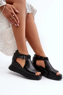Sandały Damskie Na Platformie I Koturnie Z Eko Skóry Czarne Hloeli