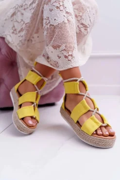 Sandały Damskie na Platformie Zamszowe Żółte Ergola