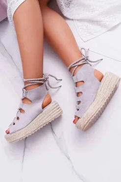 Sandały Damskie Na Platformie Z Espadrylem Sznurowane Szare Grand