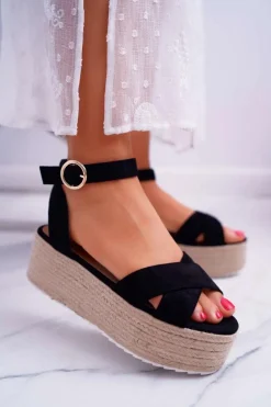 Sandały Damskie Na Platformie Lniane Czarne Dafostre