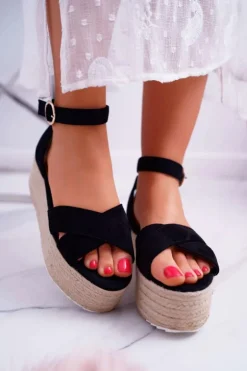 Sandały Damskie Na Platformie Lniane Czarne Dafostre