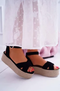 Sandały Damskie Na Platformie Lniane Czarne Dafostre