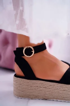 Sandały Damskie Na Platformie Lniane Czarne Dafostre