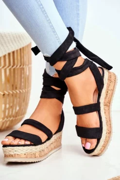 Sandały Damskie Na Platformie Wiązane Czarne La Favorite