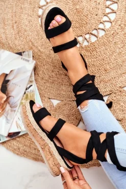 Sandały Damskie Na Platformie Wiązane Czarne La Favorite