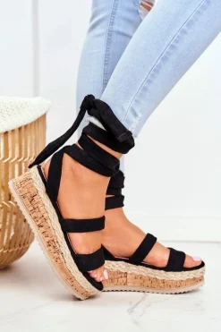 Sandały Damskie Na Platformie Wiązane Czarne La Favorite