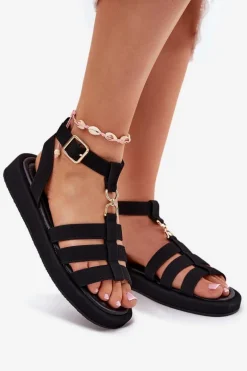 Sandały Damskie Na Platformie Ze Złotym Detalem Czarne Kartia