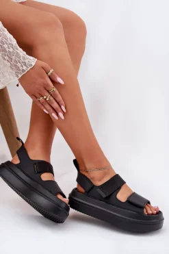 Sandały Damskie Na Platformie Z Rzepami Czarne Nitepira