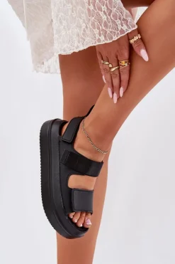 Sandały Damskie Na Platformie Z Rzepami Czarne Nitepira