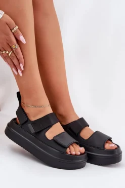Sandały Damskie Na Platformie Z Rzepami Czarne Nitepira