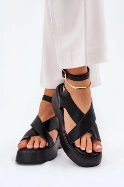Sandały Damskie Na Platformie I Koturnie Eko Skórzane Czarne Tenzorus