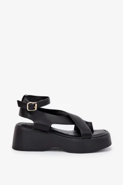 Sandały Damskie Na Platformie I Koturnie Eko Skórzane Czarne Tenzorus