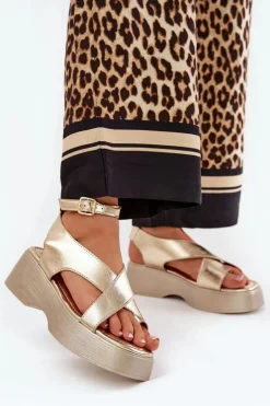 Sandały Damskie Na Platformie I Koturnie Eko Skórzane Złote Tenzorus