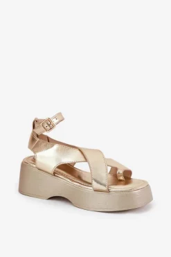Sandały Damskie Na Platformie I Koturnie Eko Skórzane Złote Tenzorus