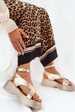 Sandały Damskie Na Platformie I Koturnie Eko Skórzane Złote Tenzorus