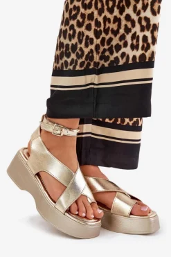 Sandały Damskie Na Platformie I Koturnie Eko Skórzane Złote Tenzorus