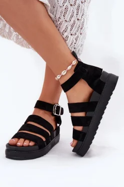 Sandały Damskie Na Platformie Z Paskami Czarne Nevidas