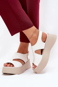 Sandały Damskie Na Platformie Eko Skórzane Białe Karonia
