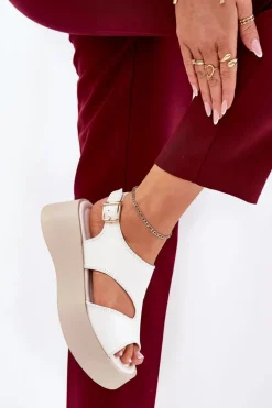 Sandały Damskie Na Platformie Eko Skórzane Białe Karonia