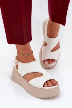 Sandały Damskie Na Platformie Eko Skórzane Białe Karonia