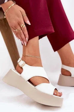 Sandały Damskie Na Platformie Eko Skórzane Białe Karonia