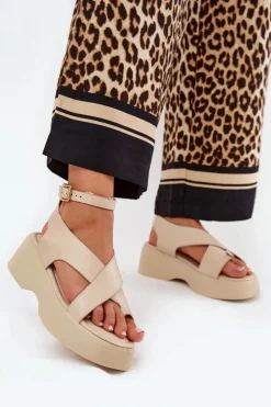 Sandały Damskie Na Platformie I Koturnie Eko Skórzane Beżowe Tenzorus