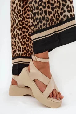 Sandały Damskie Na Platformie I Koturnie Eko Skórzane Beżowe Tenzorus