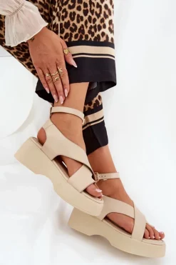 Sandały Damskie Na Platformie I Koturnie Eko Skórzane Beżowe Tenzorus