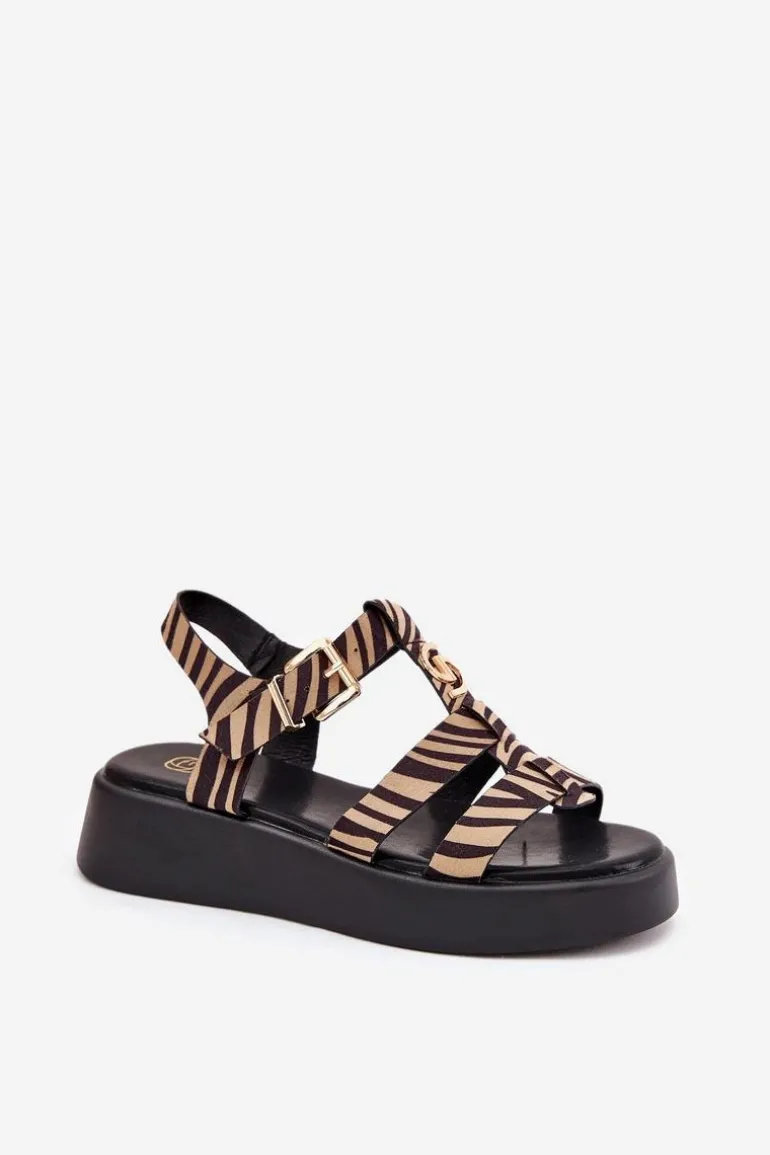 Sandały Damskie Na Platformie Ze Złotym Detalem Zebra Beżowo-Czarne Fevire