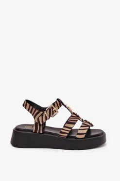 Sandały Damskie Na Platformie Ze Złotym Detalem Zebra Beżowo-Czarne Fevire