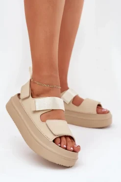 Sandały Damskie Na Platformie Z Rzepami Beżowe Nitepira
