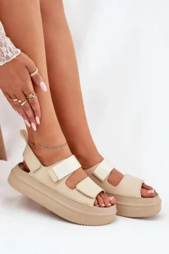 Sandały Damskie Na Platformie Z Rzepami Beżowe Nitepira