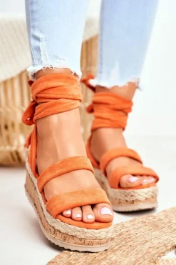Sandały Damskie Na Platformie Wiązane Pomarańczowe La Favorite