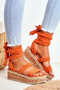 Sandały Damskie Na Platformie Wiązane Pomarańczowe La Favorite