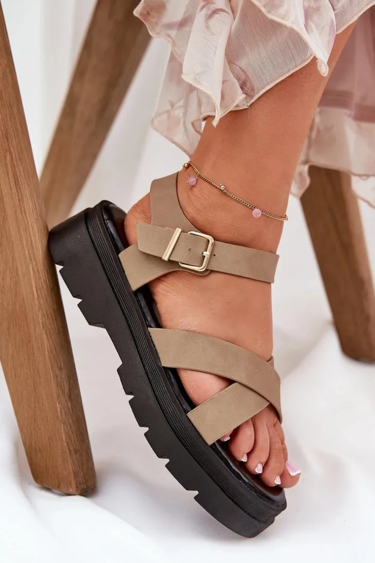 Sandały Damskie Na Platformie Z Eko Skóry Khaki Gevinniser