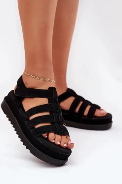 Sandały Damskie Na Platformie Eko Zamszowe Czarne Filisenia