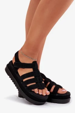 Sandały Damskie Na Platformie Eko Zamszowe Czarne Filisenia