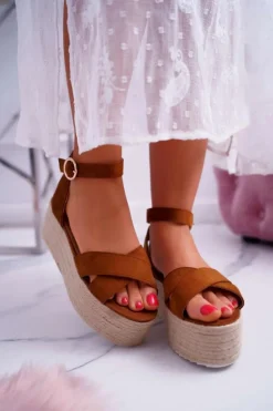 Sandały Damskie Na Platformie Lniane Camel Dafostre