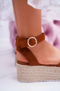 Sandały Damskie Na Platformie Lniane Camel Dafostre