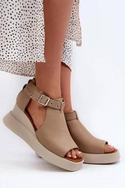 Sandały Damskie Na Platformie I Koturnie Z Eko Skóry Beżowe Hloeli