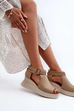 Sandały Damskie Na Platformie I Koturnie Z Eko Skóry Beżowe Hloeli