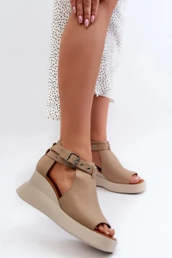 Sandały Damskie Na Platformie I Koturnie Z Eko Skóry Beżowe Hloeli