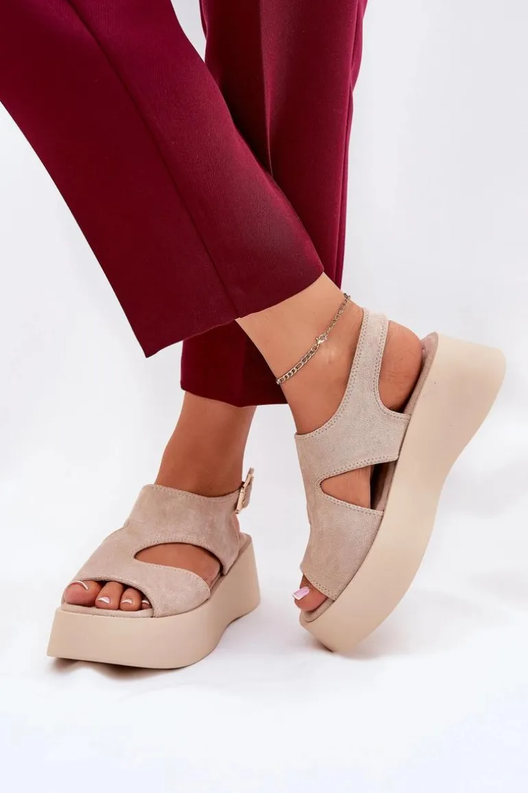 Sandały Damskie Na Platformie Eko Zamszowe Beżowe Karonia