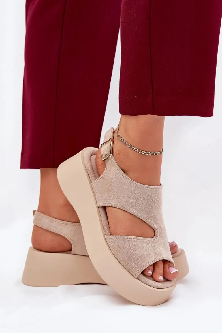 Sandały Damskie Na Platformie Eko Zamszowe Beżowe Karonia