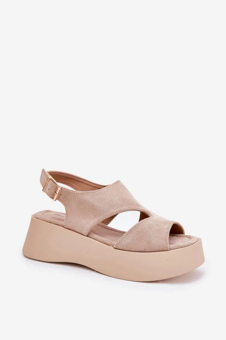 Sandały Damskie Na Platformie Eko Zamszowe Beżowe Karonia