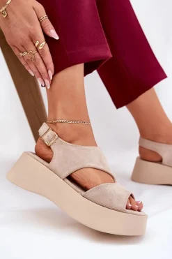 Sandały Damskie Na Platformie Eko Zamszowe Beżowe Karonia