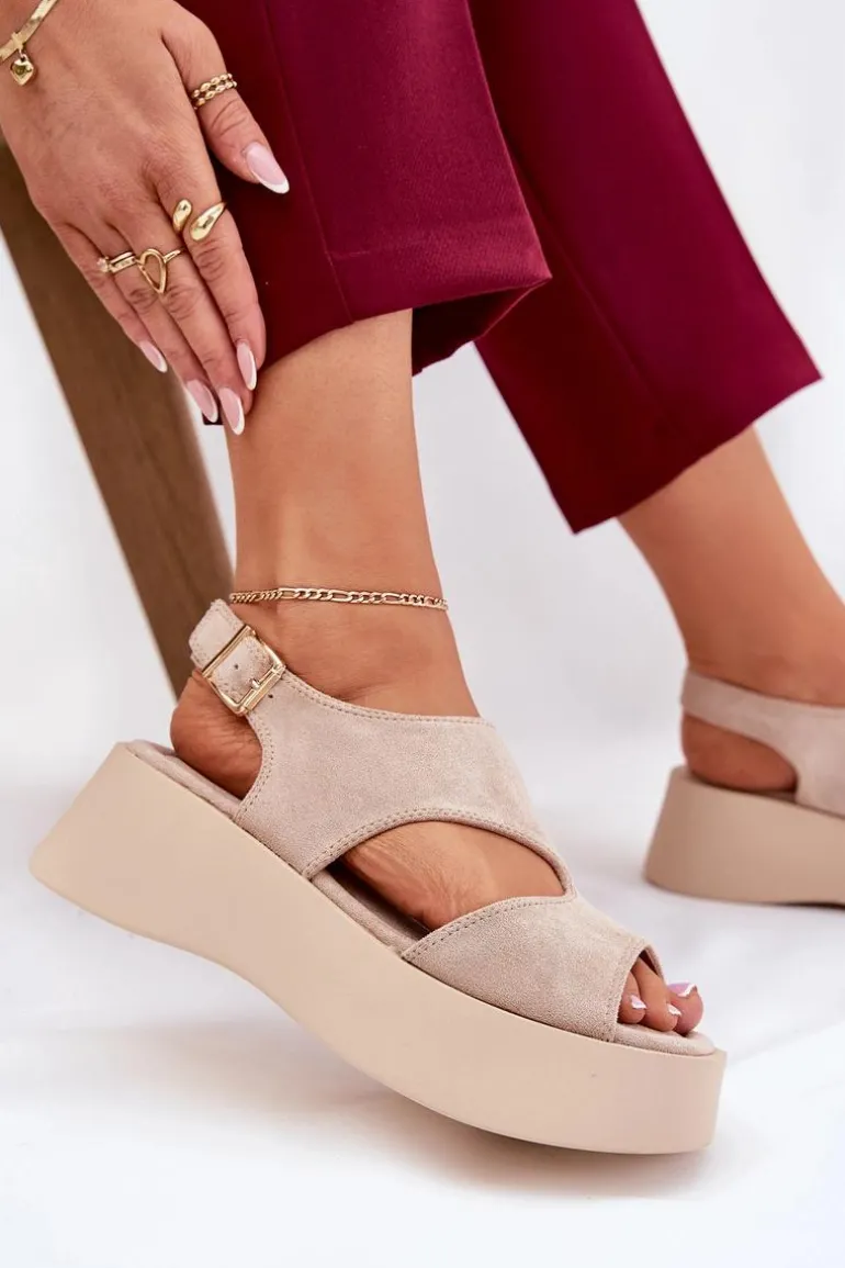 Sandały Damskie Na Platformie Eko Zamszowe Beżowe Karonia