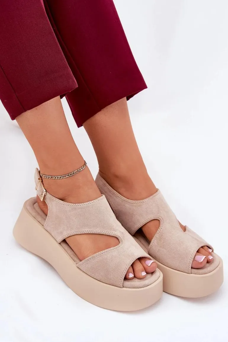 Sandały Damskie Na Platformie Eko Zamszowe Beżowe Karonia